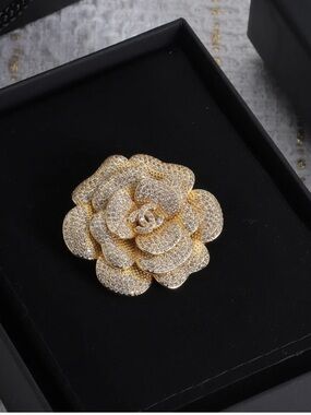 Gold Crystal Camellia Brooch with Interlocking Logo